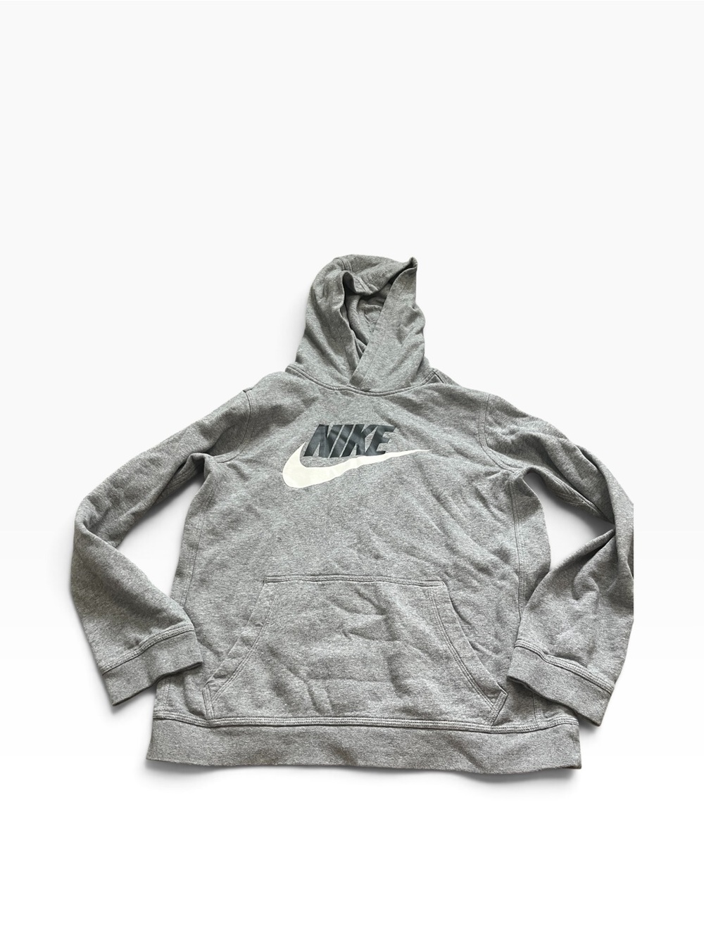 Nike Kids Grey Pullover Hoodie White Black Swoosh Sweatshirt Size XL